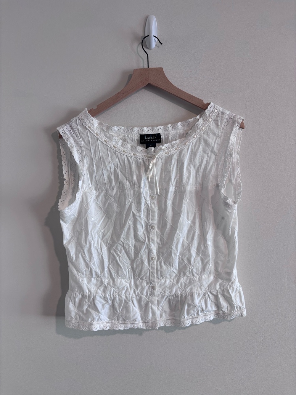 Ralph Lauren White Cotton Eyelet Tie-Front Sleeveless Top